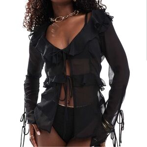 Miss Selfridge Beach Chiffon Toe Front Cover Up Top in Black